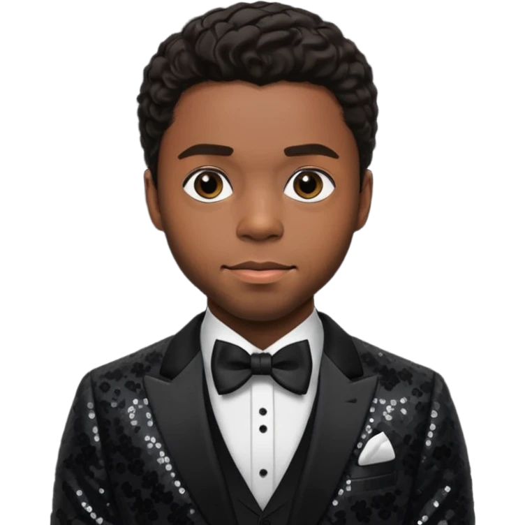  Chadwick Boseman with dark brown hair, black sequin suit with bow tie emoji