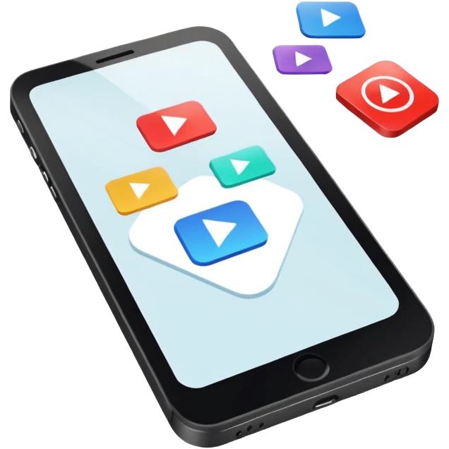 Minimalistic flat vector icon, iOS style, thin black contour on white background. Smartphone with play button and short video frames around it. Clean, no text, no shadows emoji