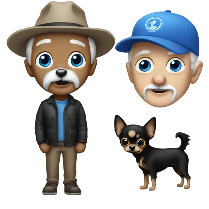 Blue eyed Old man with goatee ball cap holding black long haired chihuahua emoji
