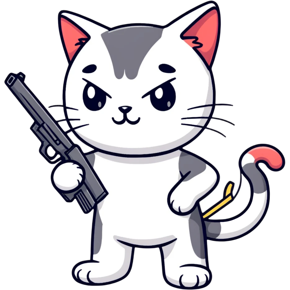 cartoon sticker of a cat holding a gun emoji