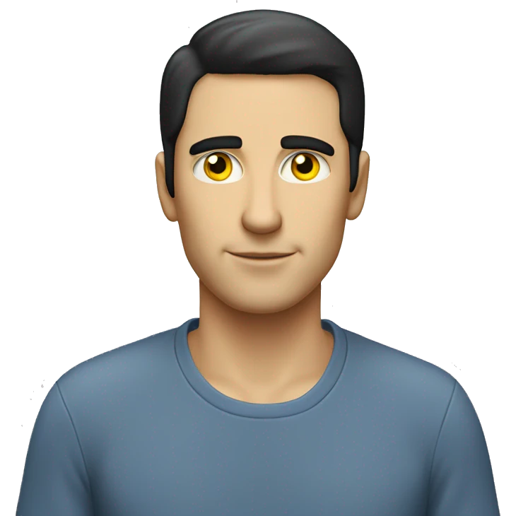 white man with black hair and yellow eye, no mustache. he is wearing blu shirt that says "ai".  emoji