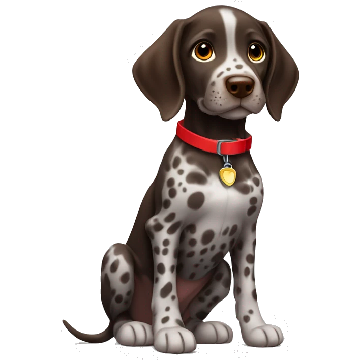 Dark Brown spotted German short haired pointer puppy with ticking with red collar  emoji