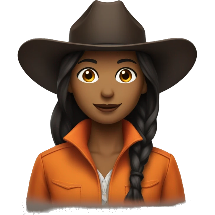 cowgirl straight dark brown hair, orange burnt coat, black hat emoji