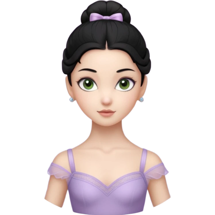 Cinematic Realistic ballerina Light Purple Portrait, depicted with lifelike skin texture, subtle rosy undertones, and soft natural lighting that enhances the gentle contours of her face. Her intricately detailed sweet black hair is elegantly styled, green eyes emoji