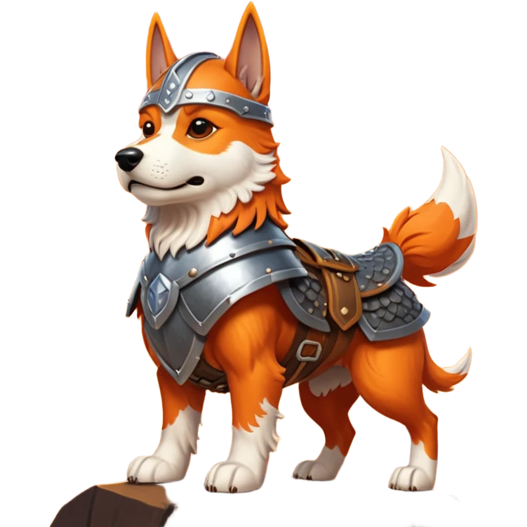 valorous Viking dog in Valhalla, detailed armor, heroic pose, glowing sky emoji
