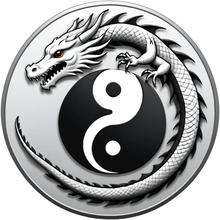 An icon symbolizing Eastern martial arts in the style of an emblem, featuring a black-and-white Yin-Yang symbol and a dragon at the center, surrounded by elements like a dojo. Transparent background highlights balance and power. emoji