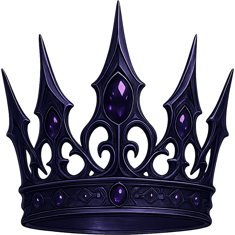 Change the gothic black crown to feature deep purple metal, sharp points, and dark purple gemstones for a mysterious, elegant vibe. Keep the background transparent. The style should maintain the gothic and elegant look of the original image. emoji