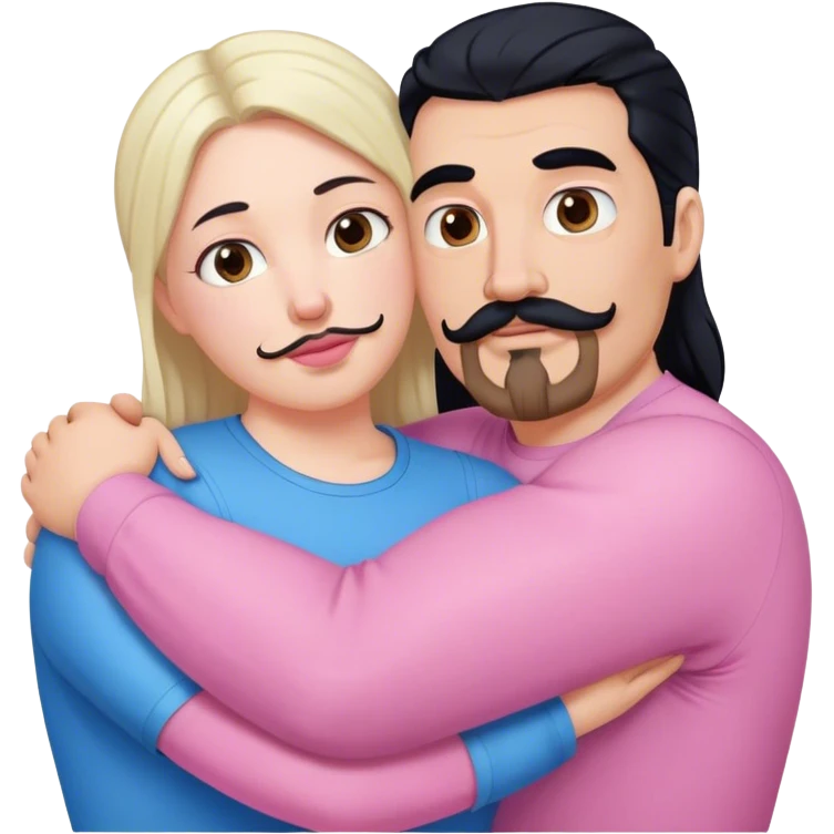 Tall strong white man with brown mustache goatee wearing blue hugging a chubby short pale woman with long black hair wearing pink emoji