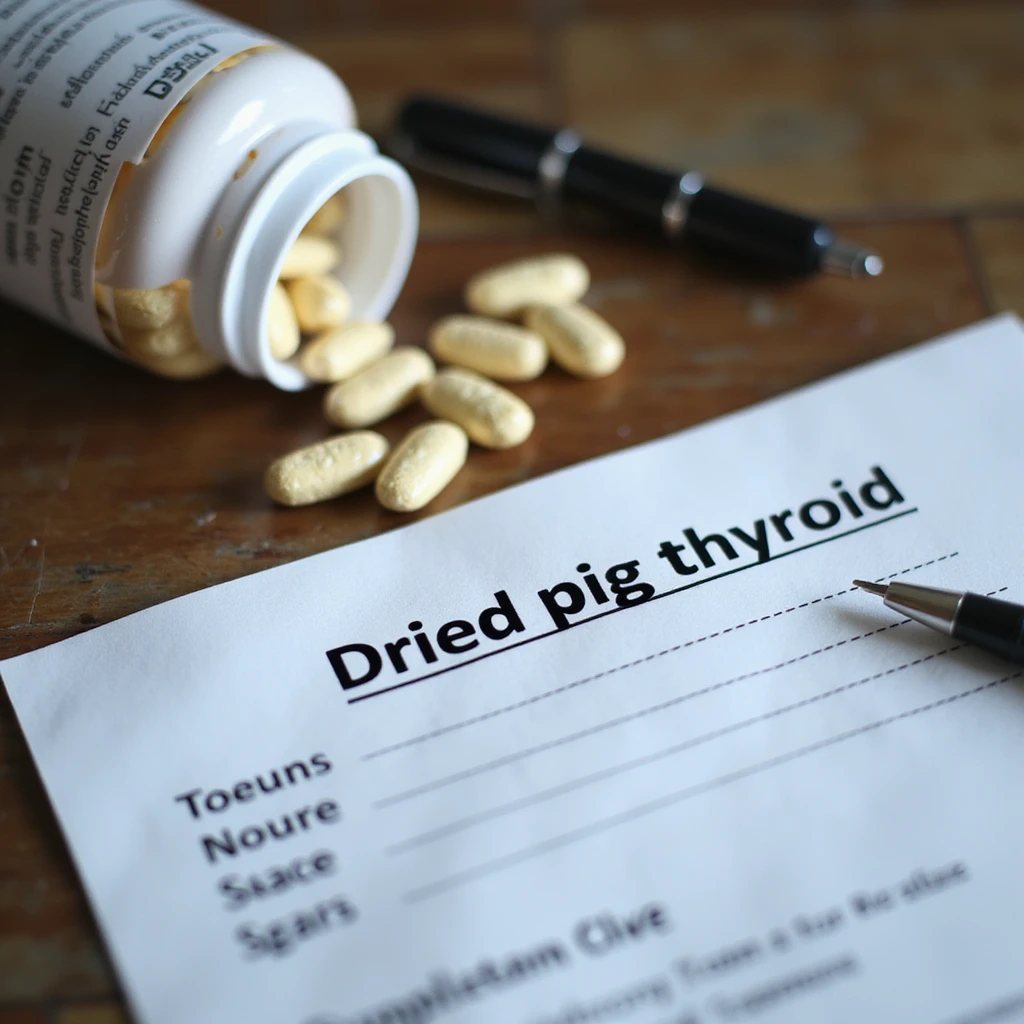 close-up of a medical prescription on a desk, 'Dried pig thyroid' highlighted, next to a pen and a supplement jar, hyperrealistic 4K details emoji