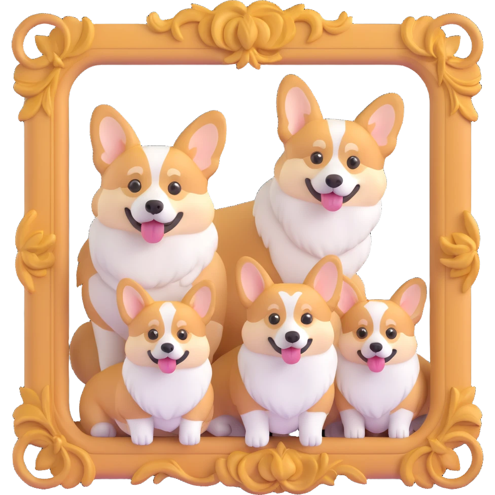 corgi family posing together for a family photo inside a decorative picture frame emoji