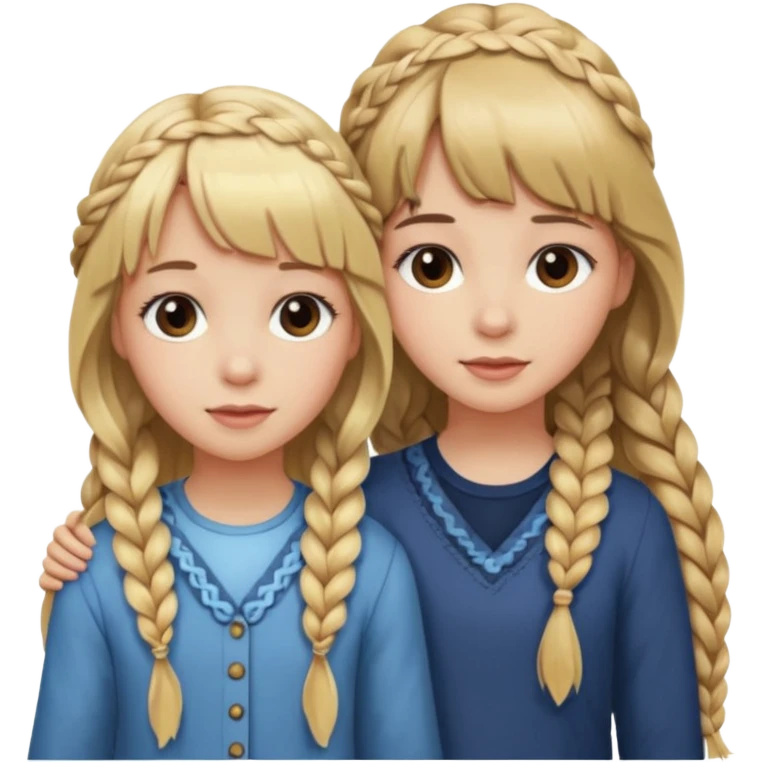 Sister with bangs and long wavy blonde hair and her sister with brown hair with bangs and longb hair braided to one side.  Close loving sisters💛 emoji