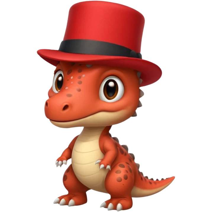 A very cute and adorable anthropomorphic baby dinosaur with a red top hat emoji