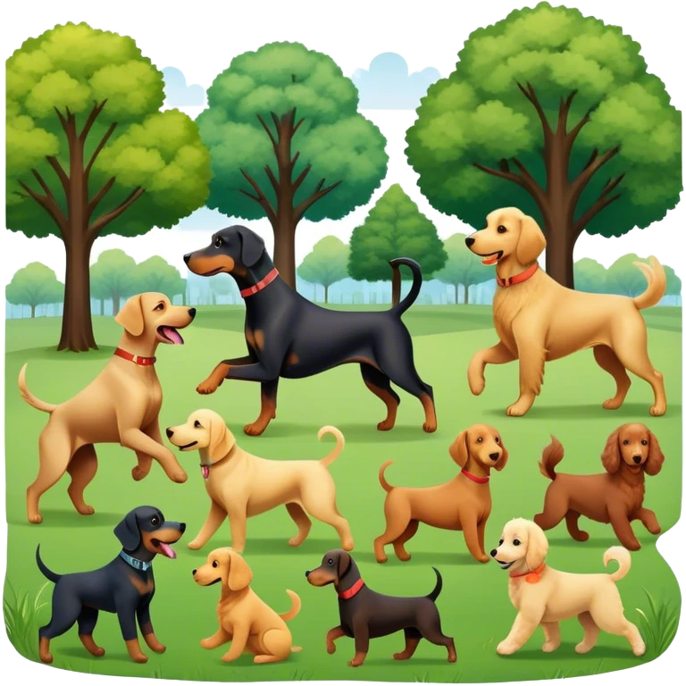 Collage of various dog breeds like Doberman, Poodle, Dachshund, and Golden Retriever, playing in a park with trees and grass. Some dogs run, others sit, all are full of energy and happiness. A joyful, colorful scene with playful expressions. Transparent background. emoji
