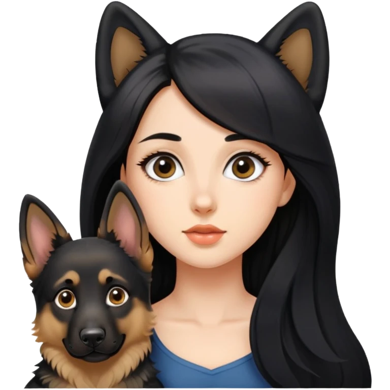 A beautiful girl with big eyes, fair skin, long black hair, and a German Shepherd dog emoji