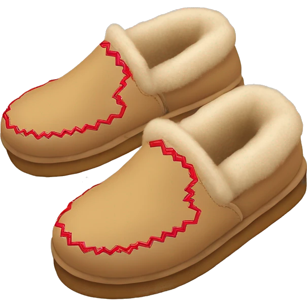 Ugg Camel slip-on slippers. A thin red zig-zag stitch only encircling ankles, VERY chunky platform sole. emoji