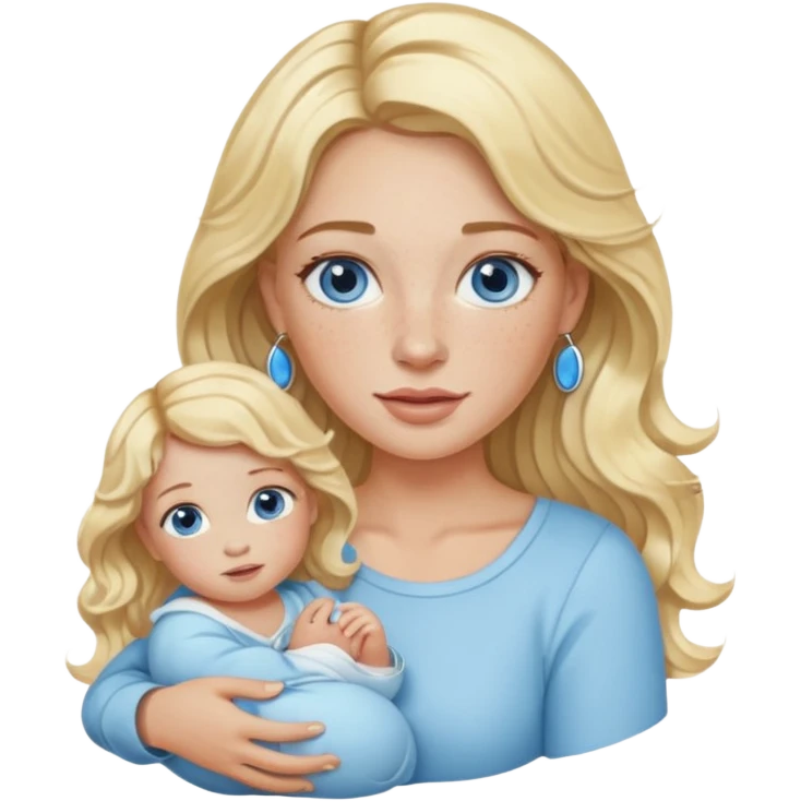 Wavy blonde, white woman with blue eyes, freckles hoop earrings, holding babies emoji