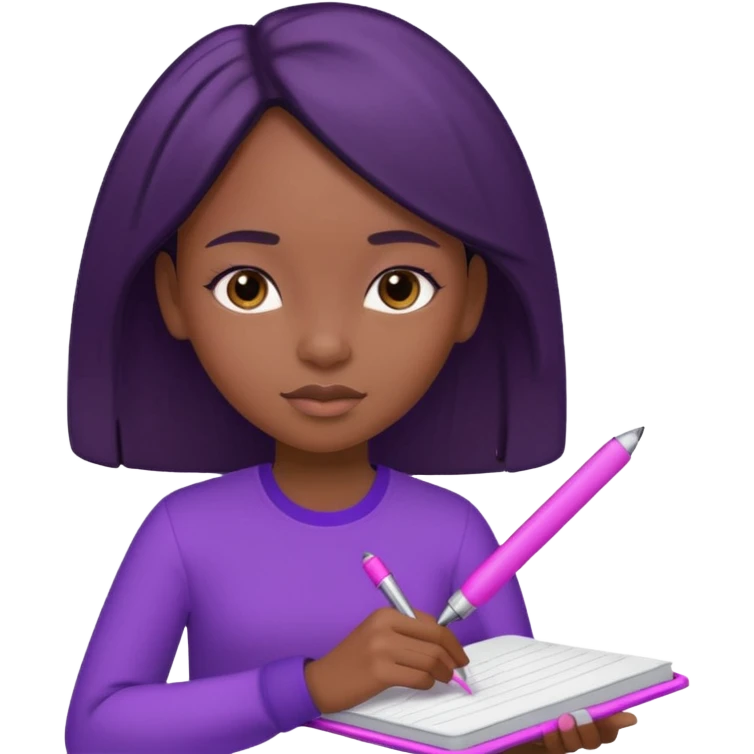Une fille noir au cheveux lisse qui est entrain d’écrire avec un stylo rose sur un cahier violet emoji