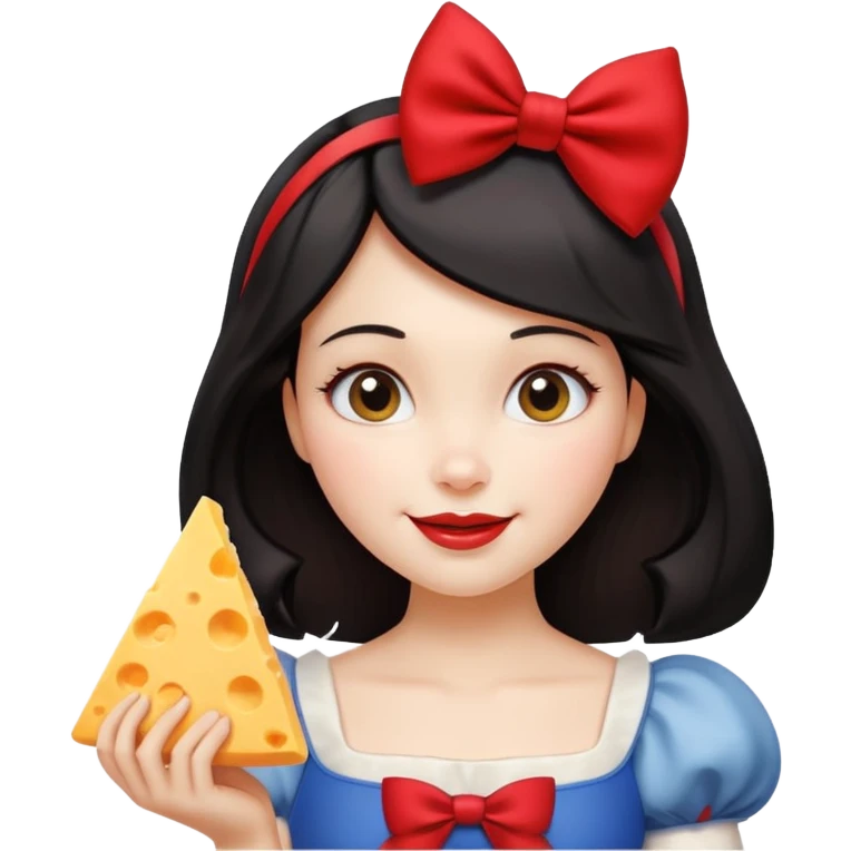 Happy Snow White with red bow in hair and holding triangle wedge of cheese emoji