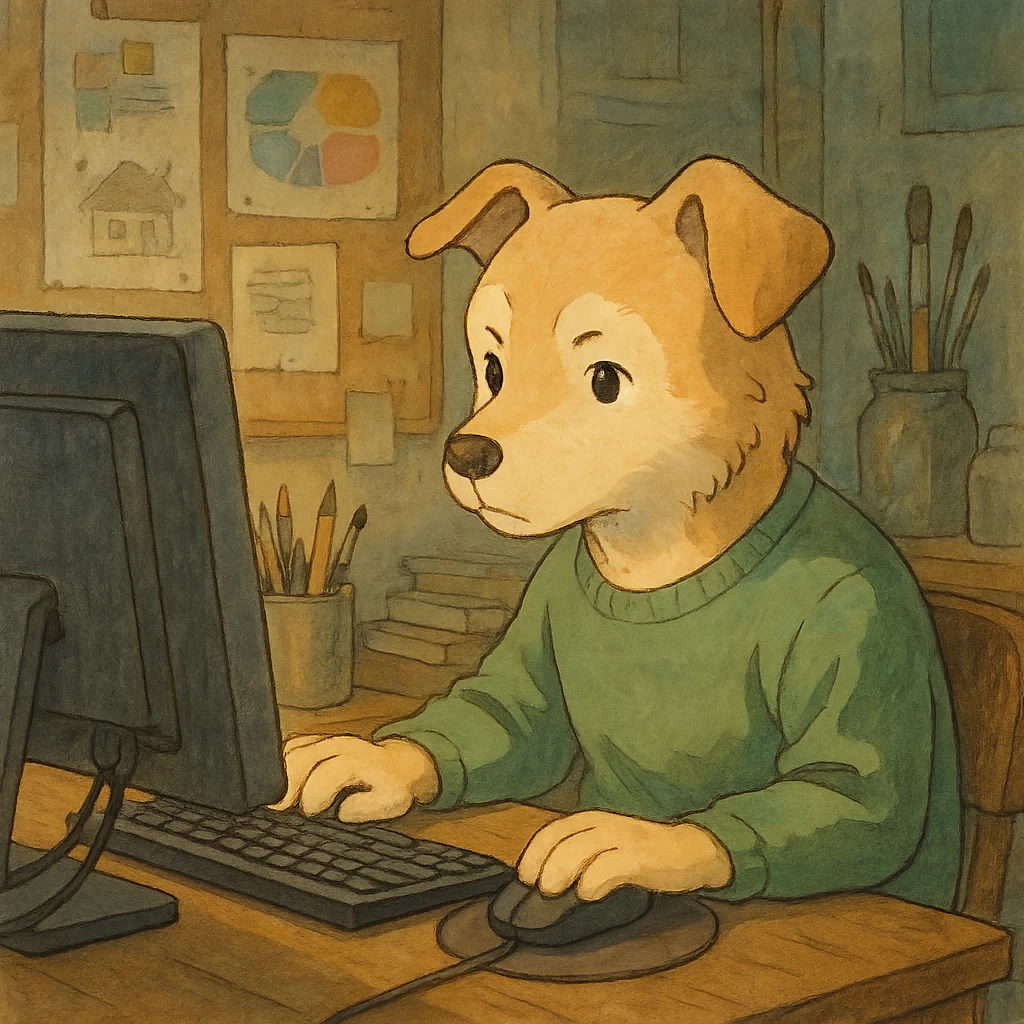 ghibli style light dog graphic designer, focused at a computer, artistic atmosphere emoji