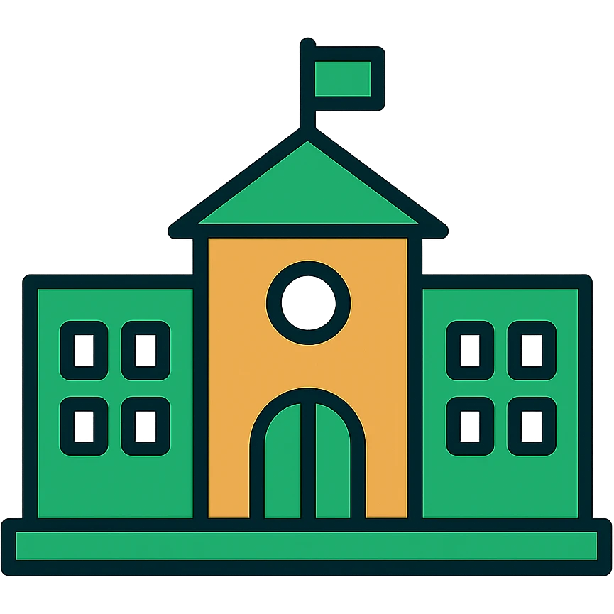 school building, professional style, green gold and white color scheme, bold and clear, suitable for digital use emoji