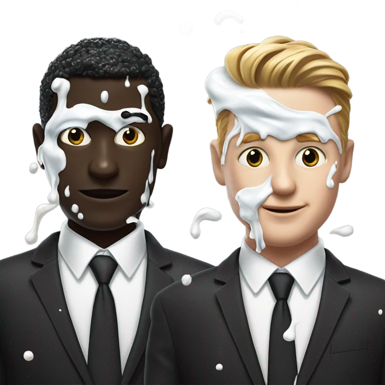 Two men covered in yogurt wearing black suits with yogurt on both of their heads, and more yogurt on their suits, but white skin, and wearing black jackets emoji
