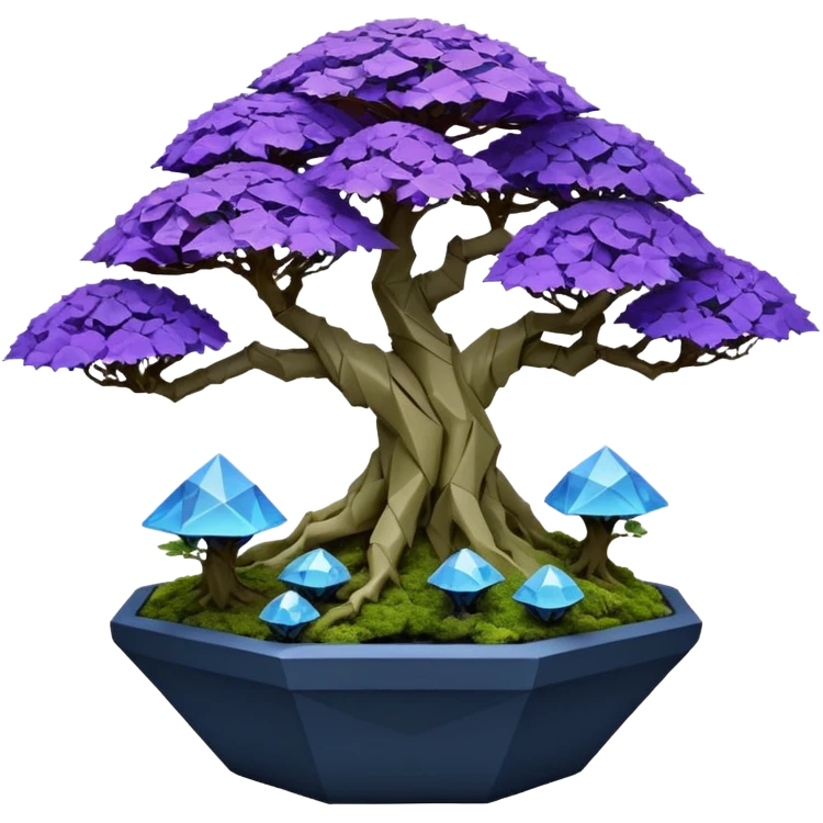 Futuristic wild glowing et alien moss maples Bonsai hair-fine-leaf group multi faceted crystal boxwood Darth Vaderpurple and cream rose blue informal rocky cliffhanger eight trees forest planting in shallow origami slab style pot with big anthropomorphic feet  emoji