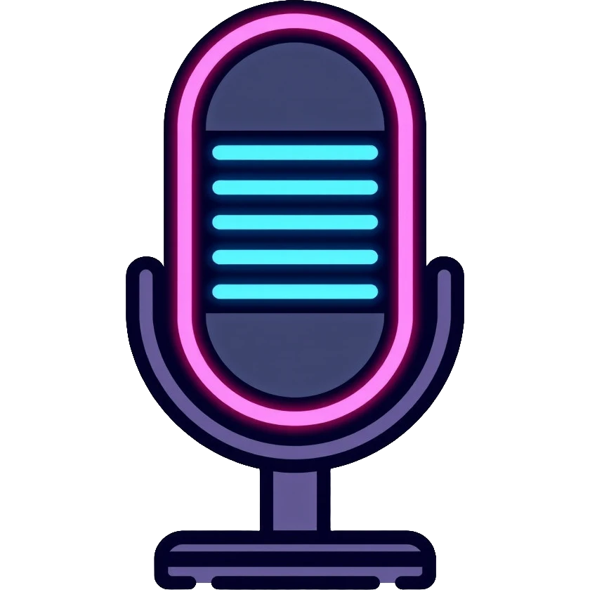 microphone with neon glow effect, blue neon glow on top left, pink neon glow on bottom right emoji