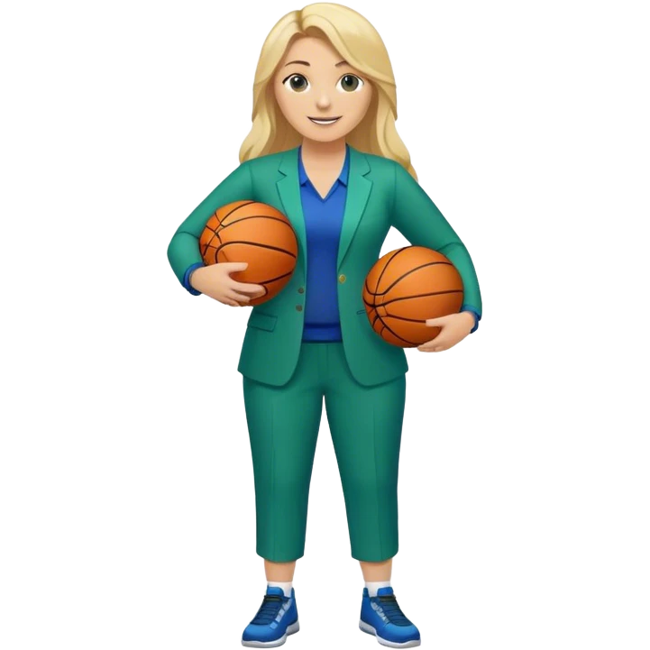 Full Body white plus size female basketball head coach using a clipboard with long blonde hair in a blue and green suit smiling with basketball and clipboard emoji