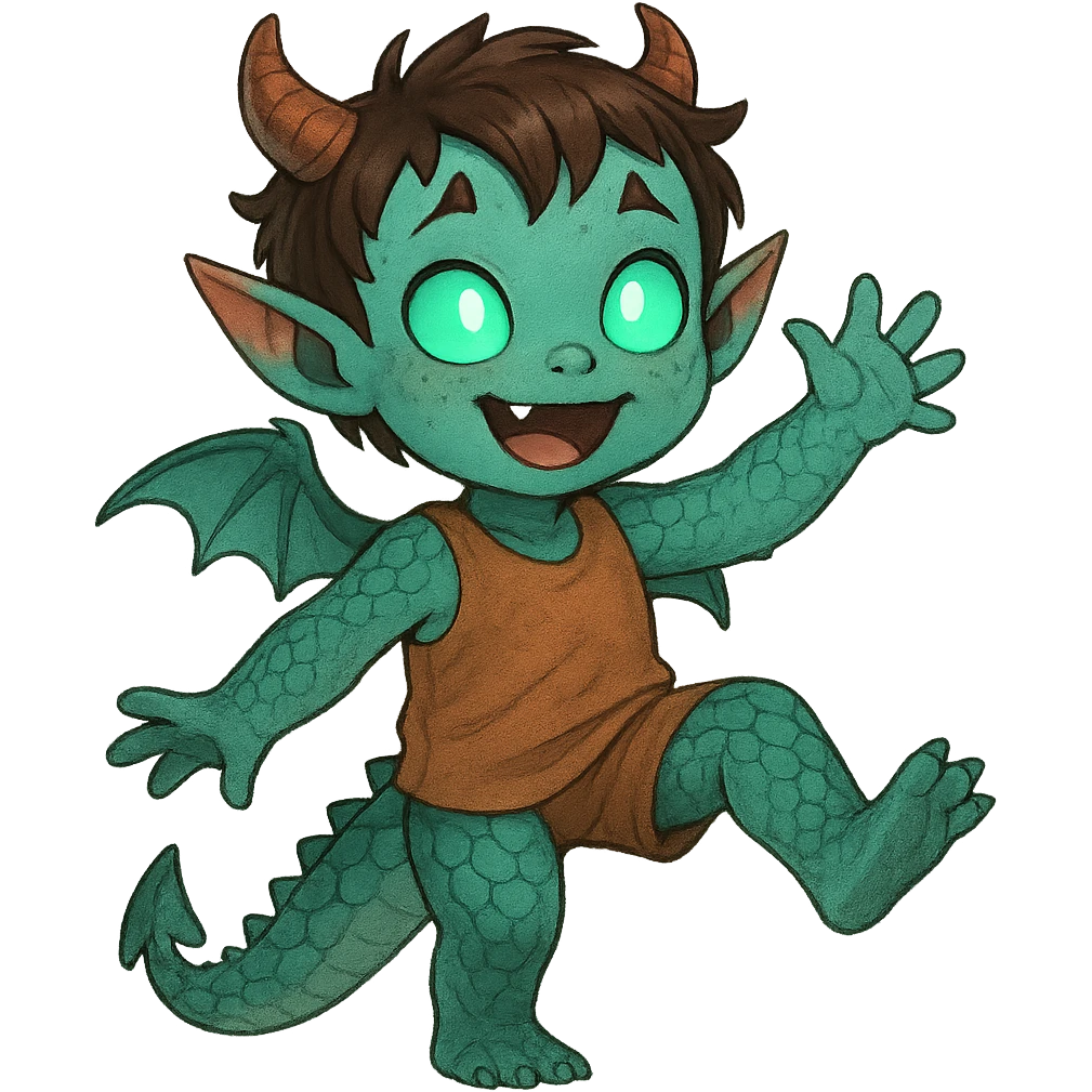 cute playful kid with 60% dragon features (scales, tail, tiny wings), 20% demon traits (small horns, pointed ears), and 20% alien traits (glowing eyes, odd skin tone), childlike appearance emoji
