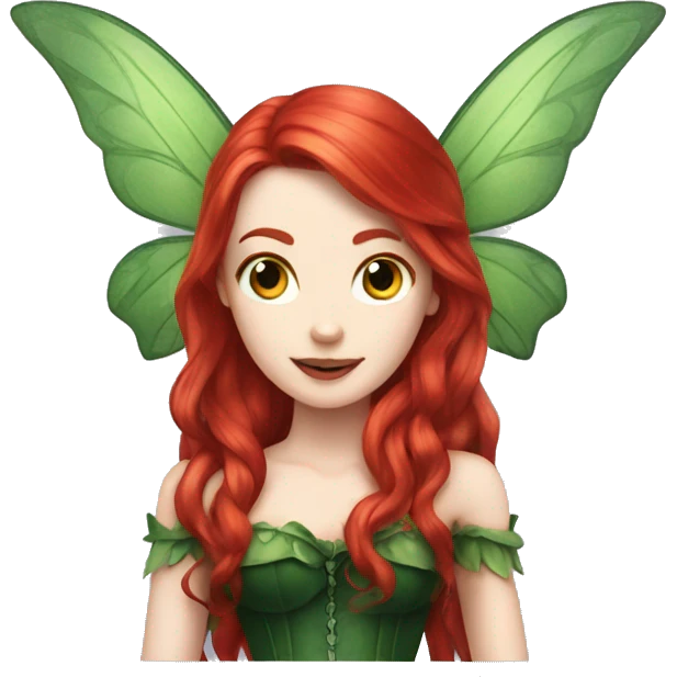 Fairy with long red hair pale skin deep green wings and green corset emoji