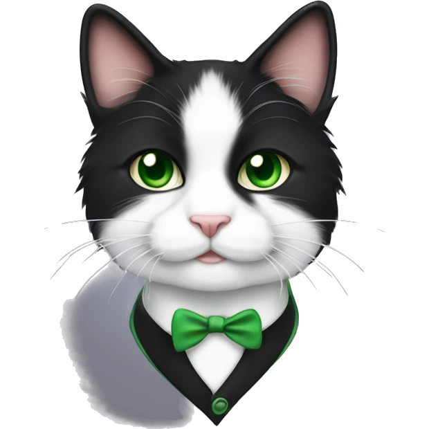 Fluffy tuxedo cat with green eye emoji