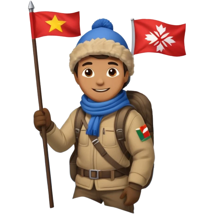 a smiling man on a snowy mountain peak, holding a flag emoji