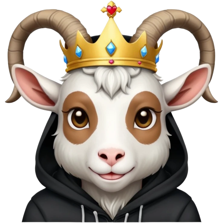 Goat with horns wearing black hoodie and a royal crown do the love emoji