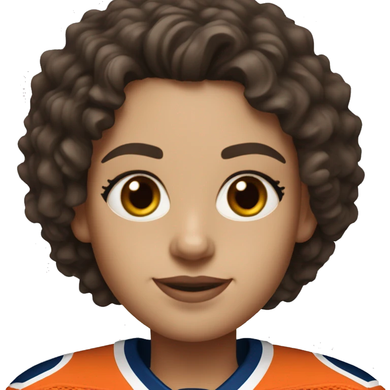 white woman with shoulder length dark brown curly hair wearing an Edmonton oilers jersey emoji
