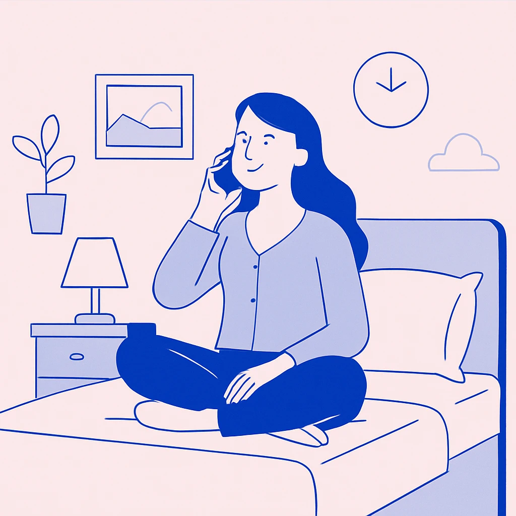 girl sitting on bed talking on phone in her bedroom emoji