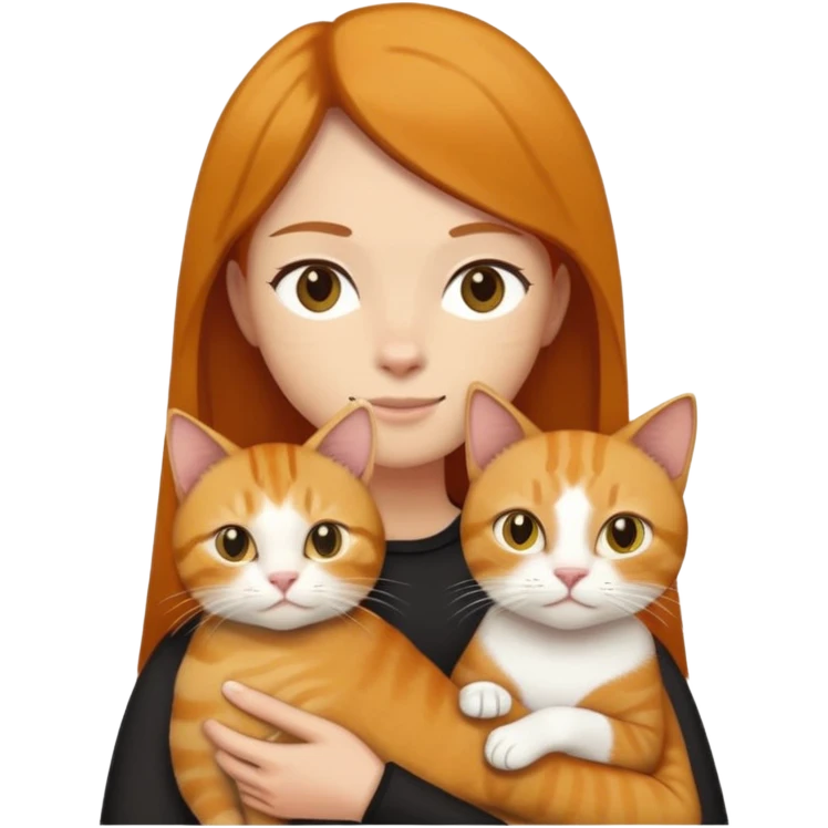 Straight hair ear length in dark brown , holding one ginger cat and one yellow white cat same size  emoji