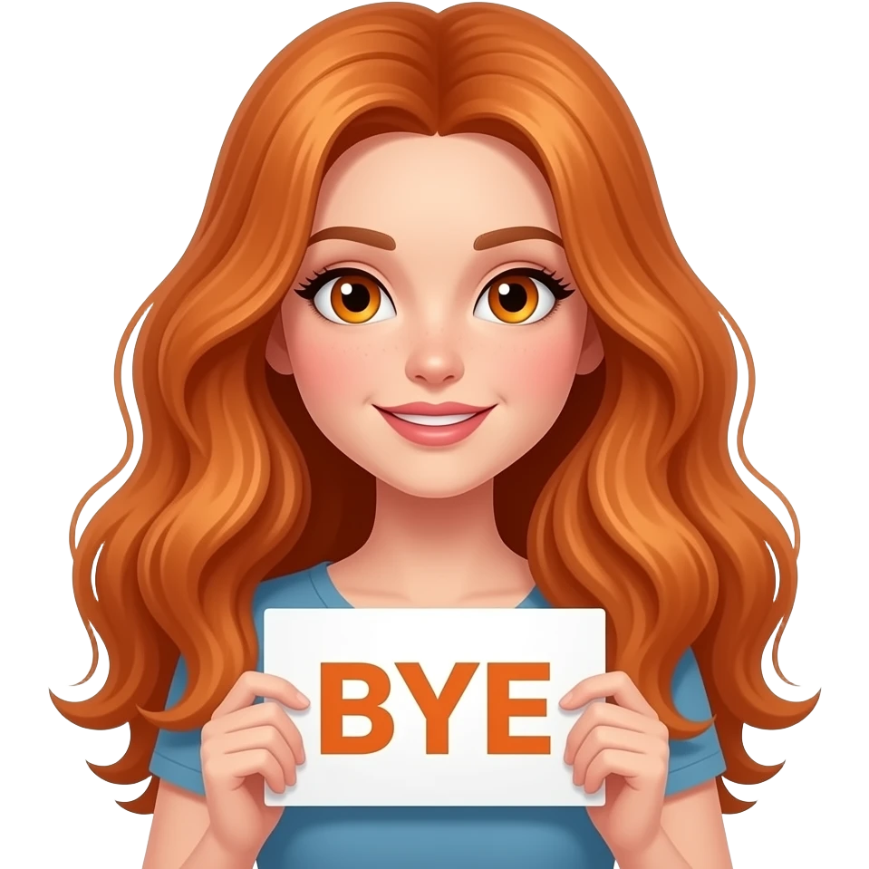 sexy girl with long wavy ginger hair and ginger eyes wearing a top is holding a BYE sign emoji