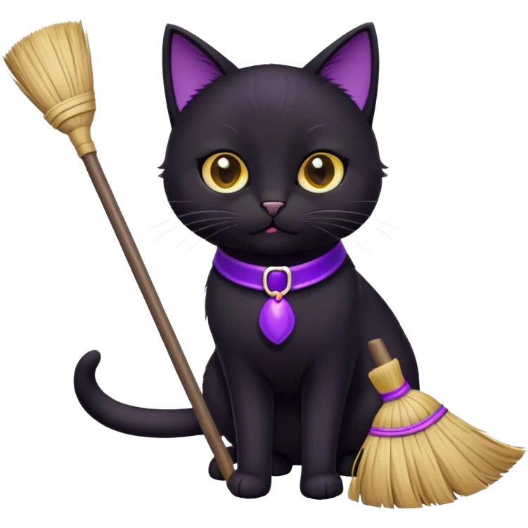 cute black cat with a broom, purple collar emoji