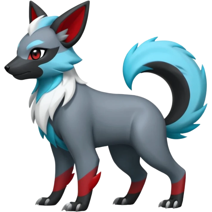 Shiny black with white, grey and red and cyan Linoone-Absol-Zorua-Trico-Hybrid (Full body) emoji