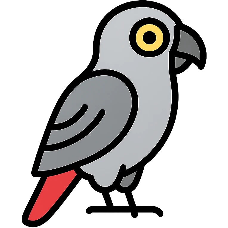 african grey parrot, minimal flat icon, simple shapes, grey and red accents emoji