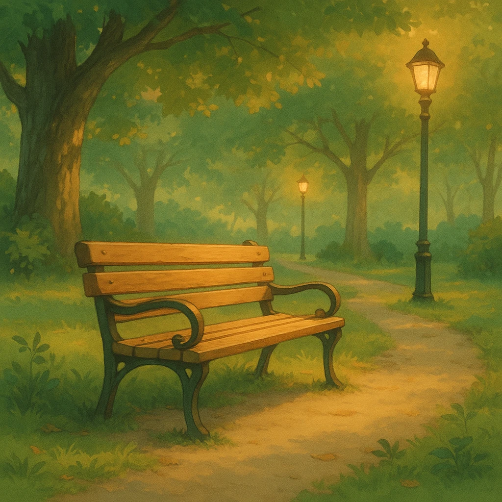 ghibli style cozy park bench with soft lighting emoji