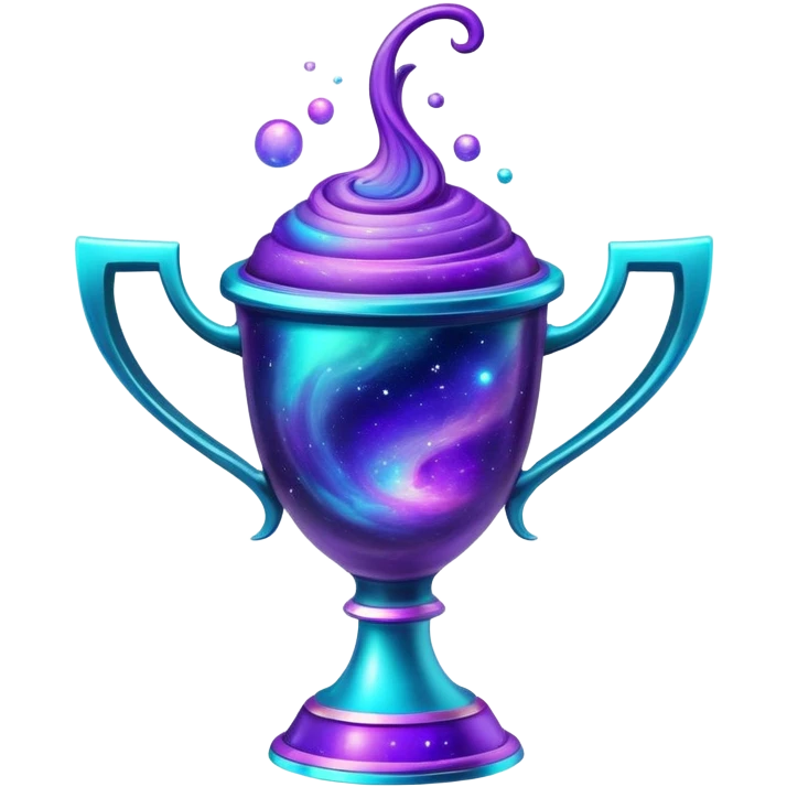 A futuristic alien trophy cup with swirling cosmic nebula colors, purple, blue and teal galaxy patterns emoji