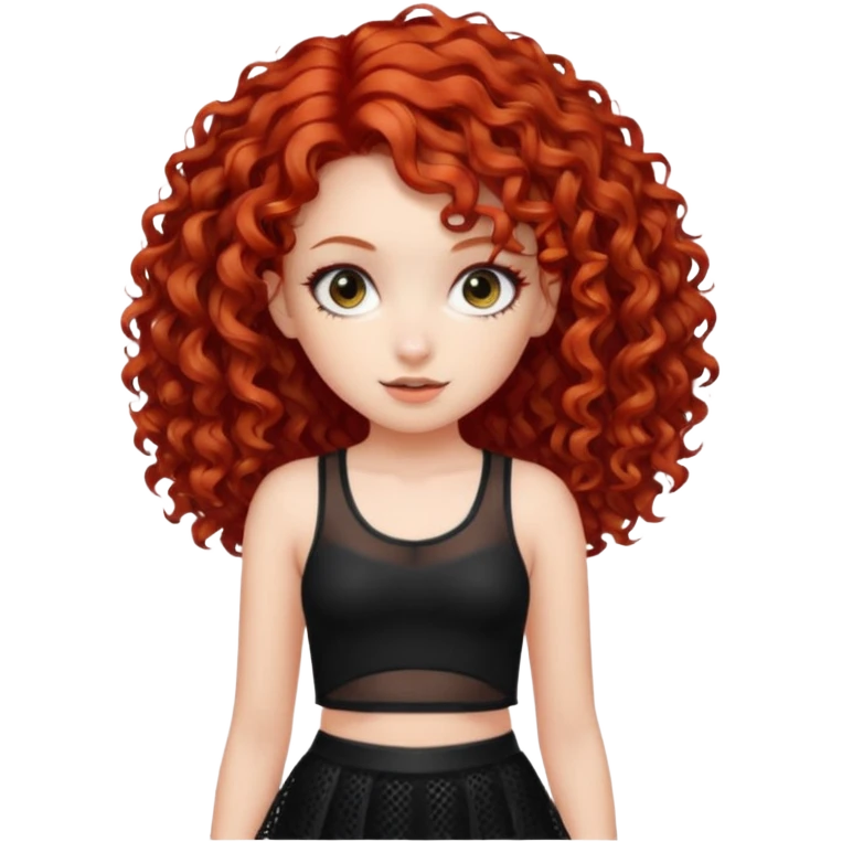 Naked red curly haired girl with very large big boobs and cleavage.  Thin waist and wide sexy hips.  Completely naked but wearing a see-thru black mesh very short mini-skirt emoji