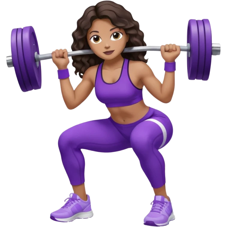 mujer de tez trigueña, con cabello castaño oscuro ondulado con pequeñas ondas, con el cabello super largo hasta las rodillas estilizado, con ropa deportiva morada/lila, tenis blancos deportivos y levantando una pesa emoji
