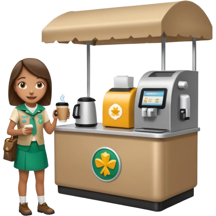 Girl Scouts selling coffee at her roped-off and covered booth stand by the side of the road with their own robotic looking coffee machine accepting all forms of payment  emoji