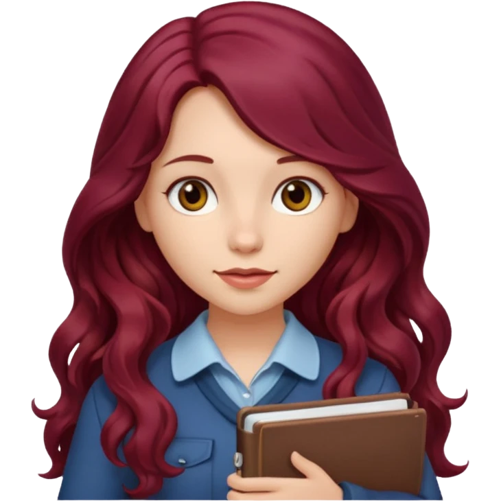 girl with long wavy burgundy hair and a notebook emoji