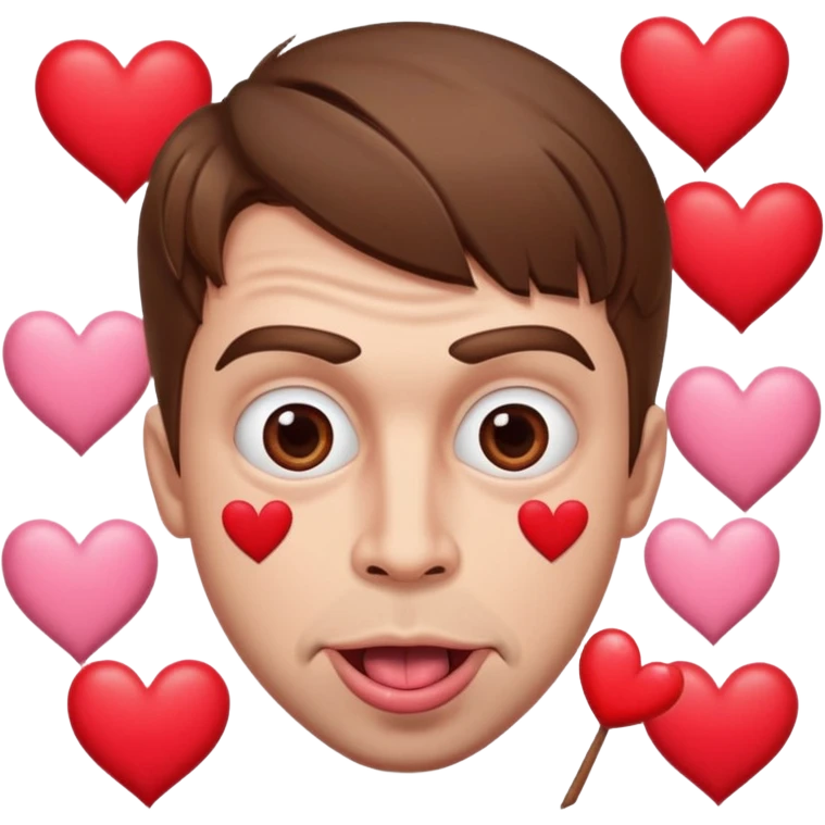 A cross eyed man with brown hair goon face their tongue out far with Valentine’s Day decor/hearts around eyes facing different directions emoji
