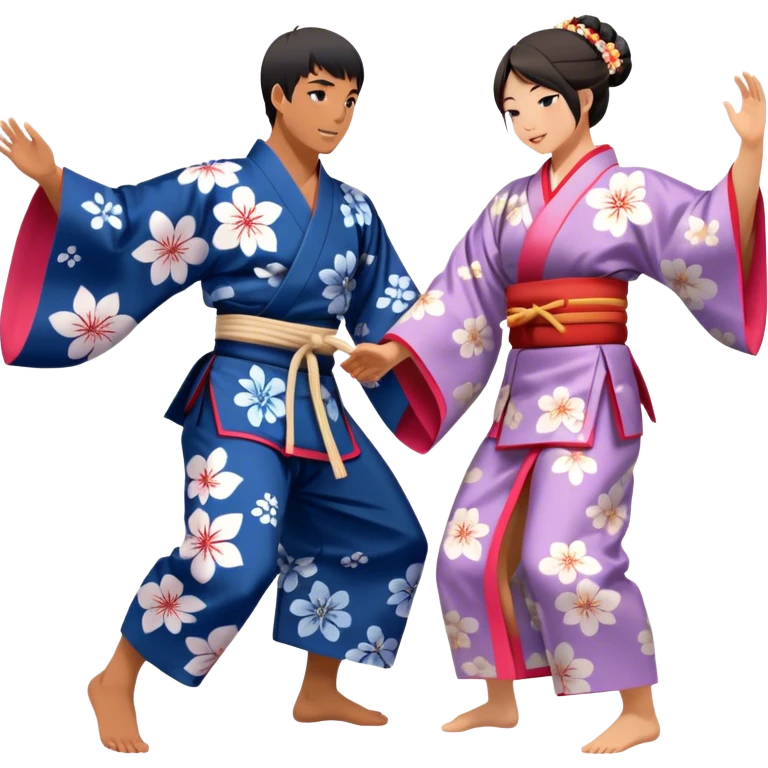 Cinematic Realistic scene of two performers engaging in Bon Odori, dressed in traditional yukata with intricate summer patterns, captured in graceful, rhythmic motion with warm, festive lighting emoji