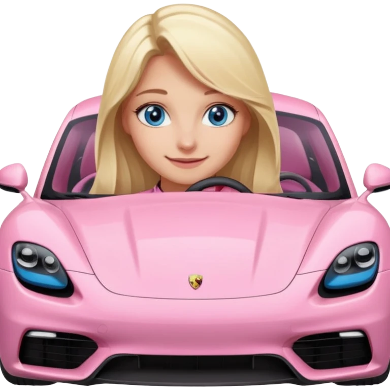 Blonde girl with blue eyes sitting infront of a pink porsche taycan emoji