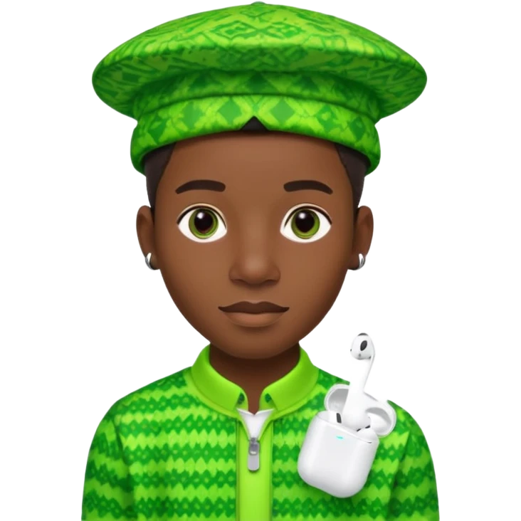 Create me an detailed emoji of a cool Young Nigerian prince wearing a neon green gradient African patterns with  a hat (a Nigerian-inspired patterned hat) and apple airpods emoji